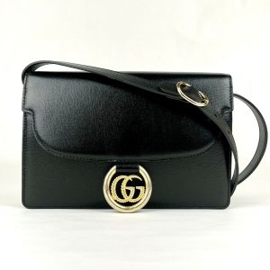 1 Gucci Black Leather Flap Tote Shoulder Bag with Gold Interlocking