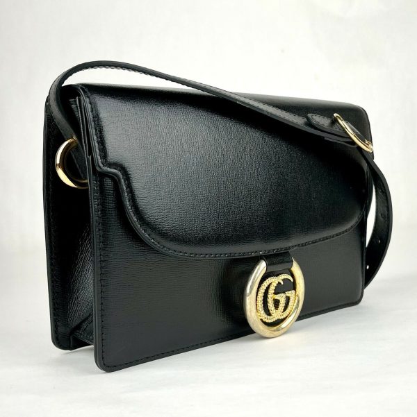 3 Gucci Black Leather Flap Tote Shoulder Bag with Gold Interlocking