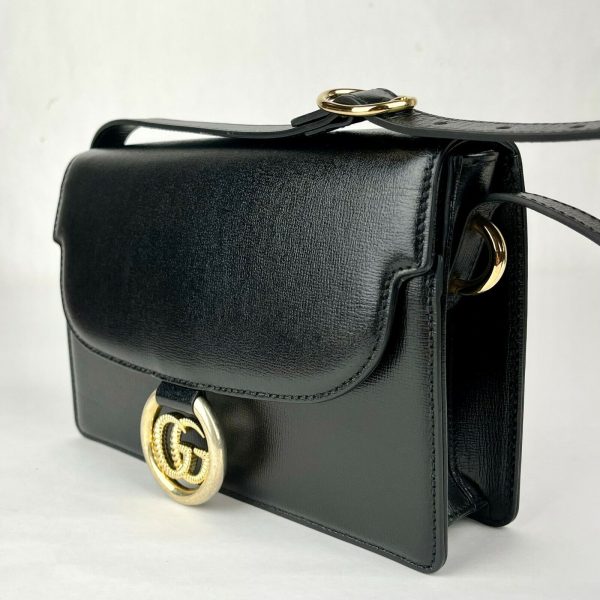 4 Gucci Black Leather Flap Tote Shoulder Bag with Gold Interlocking