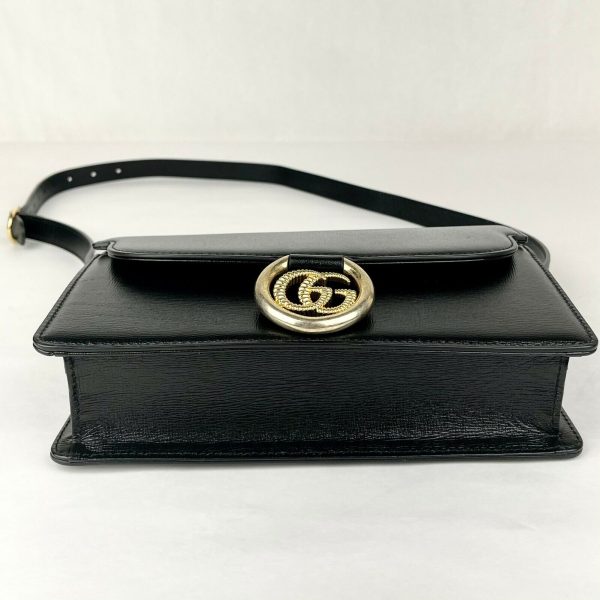 6 Gucci Black Leather Flap Tote Shoulder Bag with Gold Interlocking