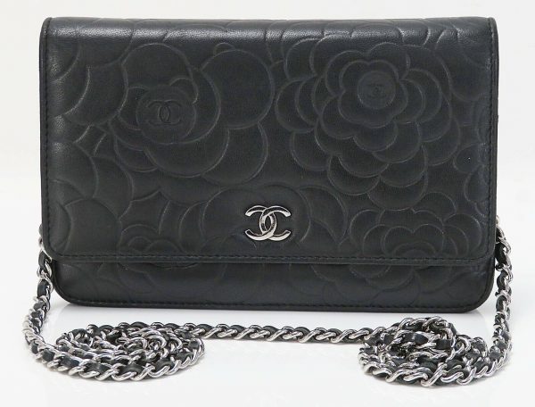 s l1600 2 CHANEL Black Camellia Pattern Leather Wallet on Chain Bag WOC