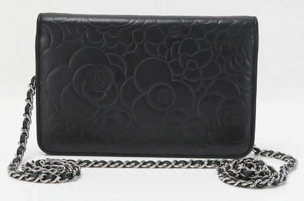 s l1600 3 CHANEL Black Camellia Pattern Leather Wallet on Chain Bag WOC