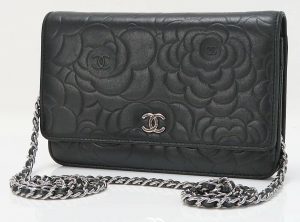 s l1600 CHANEL Black Camellia Pattern Leather Wallet on Chain Bag WOC