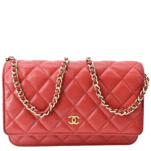 s l1600 CHANEL CC WOC Caviar Leather Wallet On Chain Crossbody Bag Red