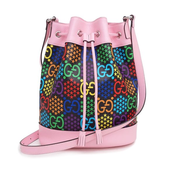 1 Gucci Diagonal Pvc Coated Canvas Leather psychedelic Multicolor Bucket Pink Black GG Shoulder Bag