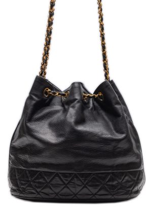 1 Chanel Matelasse Drawstring Gold Chain Lambskin Shoulder Bag Black