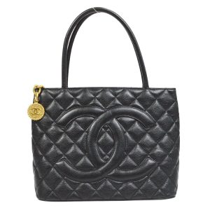 1 Chanel Medallion Quilted CC Hand Tote Bag Purse Black Caviar Skin