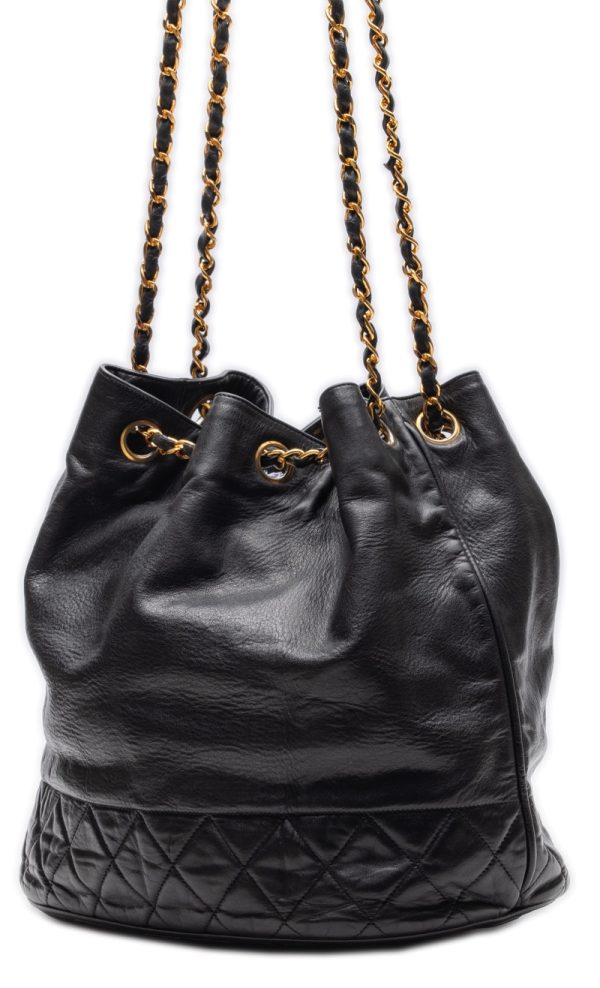 2 Chanel Matelasse Drawstring Gold Chain Lambskin Shoulder Bag Black