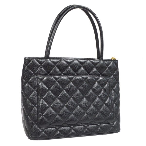 2 Chanel Medallion Quilted CC Hand Tote Bag Purse Black Caviar Skin