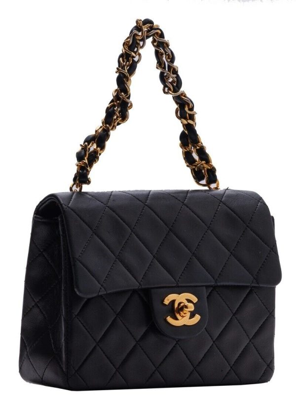 3 Chanel Mini Matelasse Turn Lock Single Flap Chain Handbag Lambskin Black