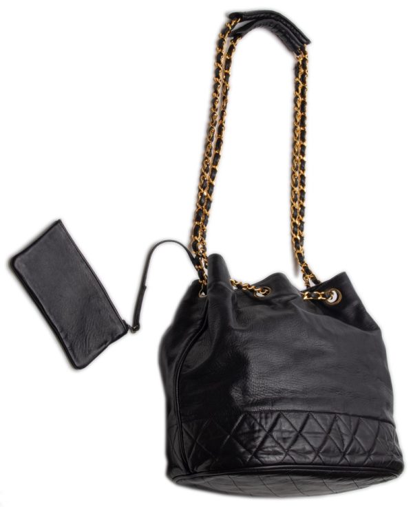 6 Chanel Matelasse Drawstring Gold Chain Lambskin Shoulder Bag Black