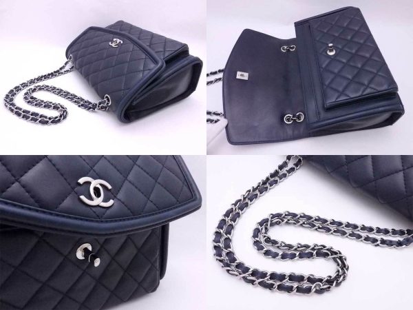 6 Chanel Matelasse Chain Shoulder Bag Navy Leather silvertone