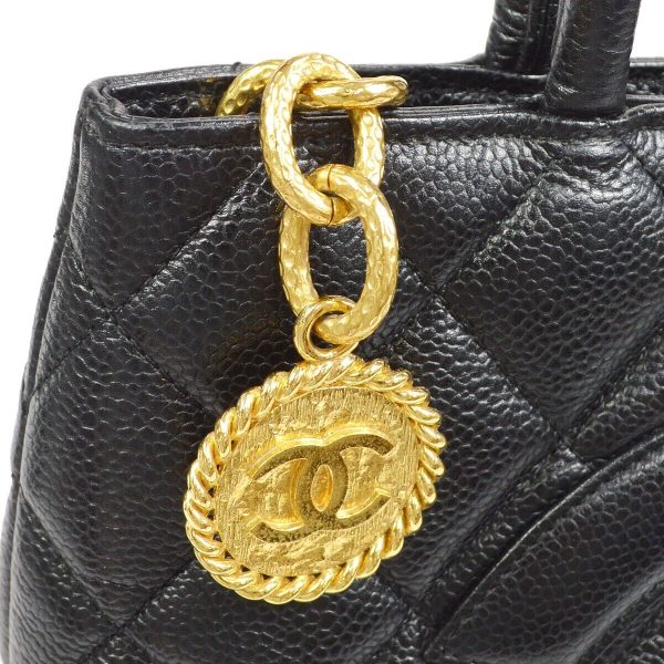 6 Chanel Medallion Quilted CC Hand Tote Bag Purse Black Caviar Skin