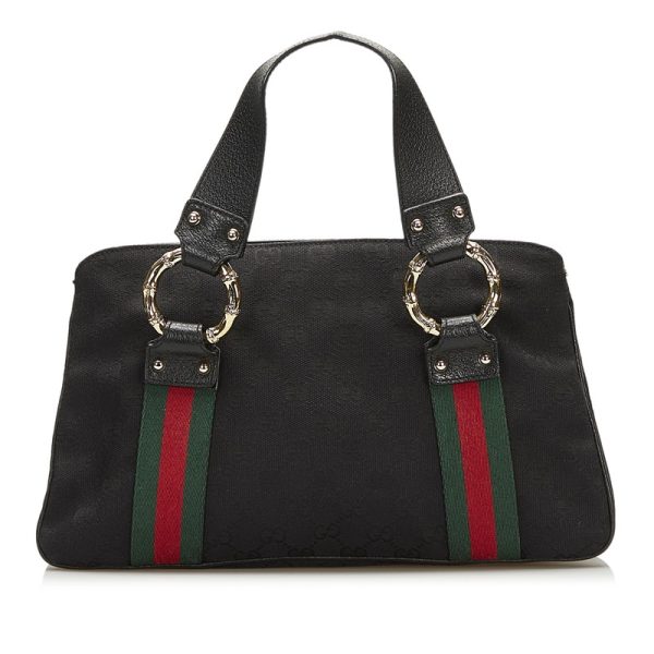 1 Gucci GG Canvas Sherry Line Metal Bamboo Handbag Black Canvas Leather