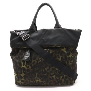 1 Prada Tote Bag Leopard Print Nylon Leather Green Series Black Shoulder Bag