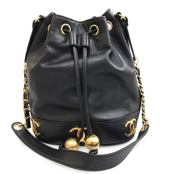 1 Chanel Metal Fittings Drawstring Leather Black Shoulder Bag