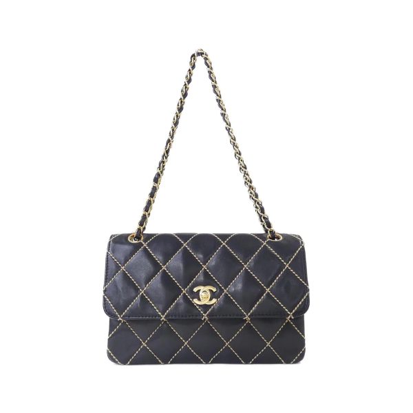 1 Chanel Metal Fittings Gold Wild Stitch Line Black Beige Shoulder Bag