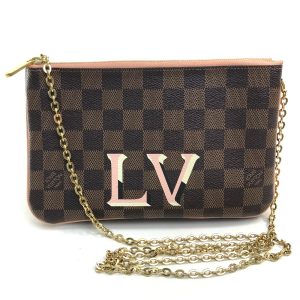 1 Louis Vuitton Pochette Double Zip Chain shoulder Damier Ebene Brown Pink Clutch Bag