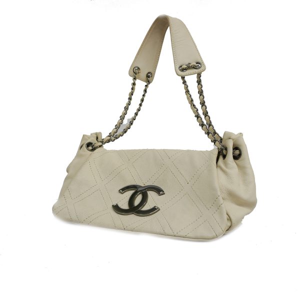 1 Chanel Chain Shoulder Bag Leather Ivory Silver Metal Fittings