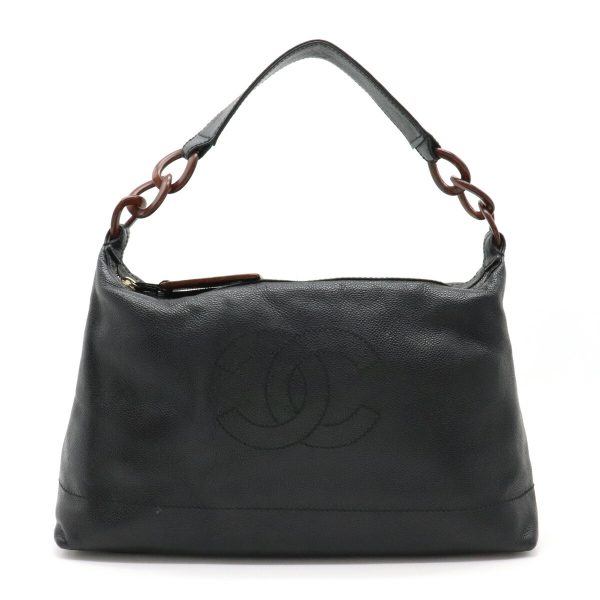 1 Chanel Wood Chain Shoulder Bag Shawl Caviar Skin Leather Black