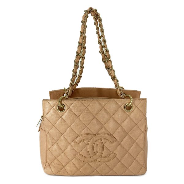 1 Chanel Chain Shoulder Bag Caviar Skin Grained Calf Beige