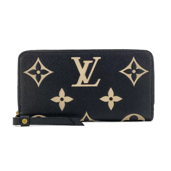 1 Louis Vuitton Long Wallet Round Zipper Zippy Monogram Implant Black Beige Wallet