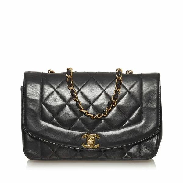 1 Chanel Matelasse Diana Coco Mark Chain Shoulder Bag Black Lambskin