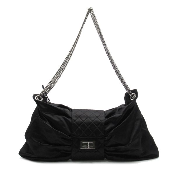 1 Chanel Shoulder Bag Ribbon Chain Fabric Black