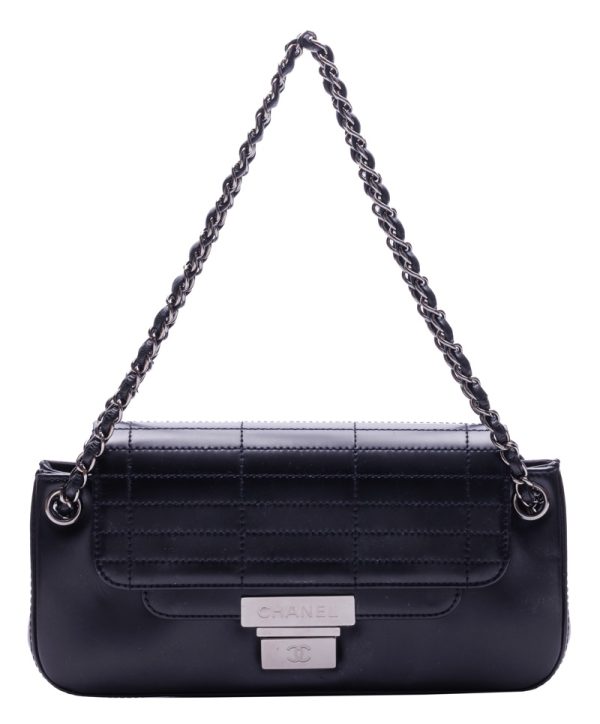 1 Chanel Silver Pushlock Chain Shoulder Calf Leather Black