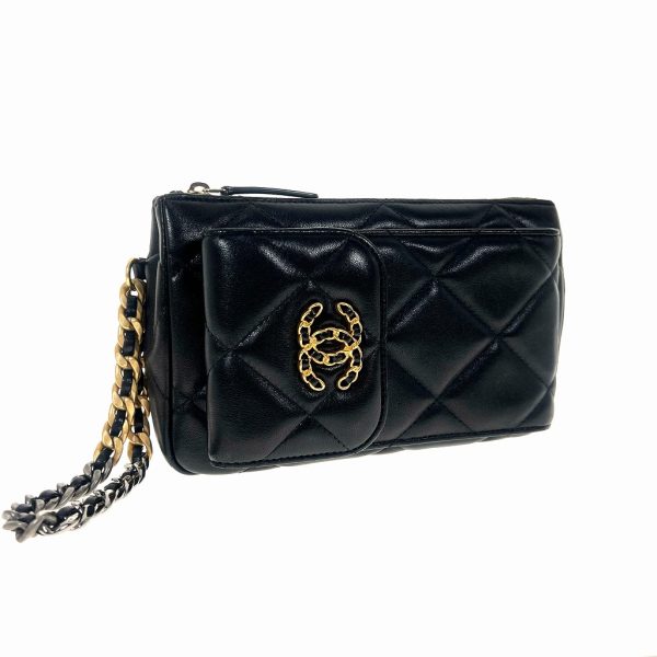 2 Chanel 19 Pouch With Chain Lambskin Coco Black x Gold Hardware x Silver Hardware Handbag