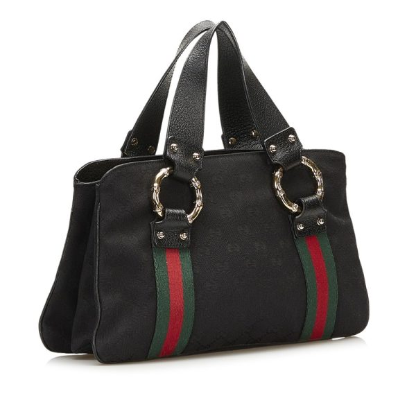 2 Gucci GG Canvas Sherry Line Metal Bamboo Handbag Black Canvas Leather