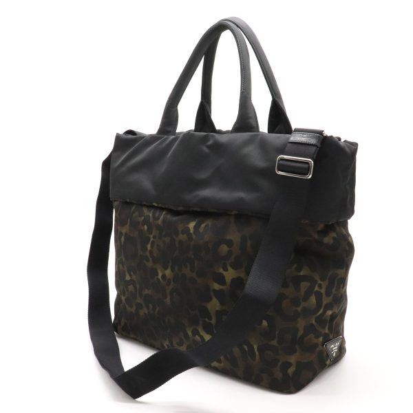 2 Prada Tote Bag Leopard Print Nylon Leather Green Series Black Shoulder Bag