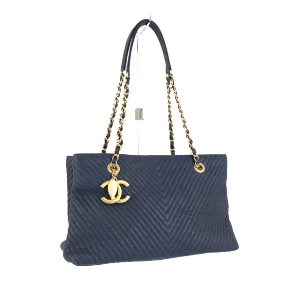 2 Chanel V Stitch Tote Bag Hardware Gold Chain Leather Blue Shoulder Bag