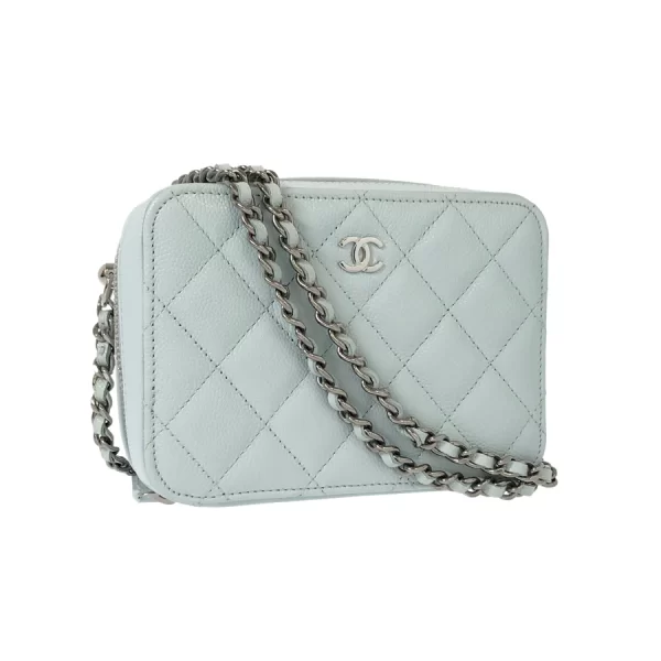 2 Chanel Camera Bag Matrasse Hardware Silver Chain Shoulder Caviar Skin Blue Crossbody Bag