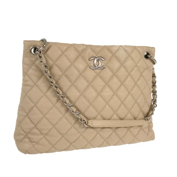 2 Chanel Hardware Silver Chain Caviar Skin Beige Shoulder Bag