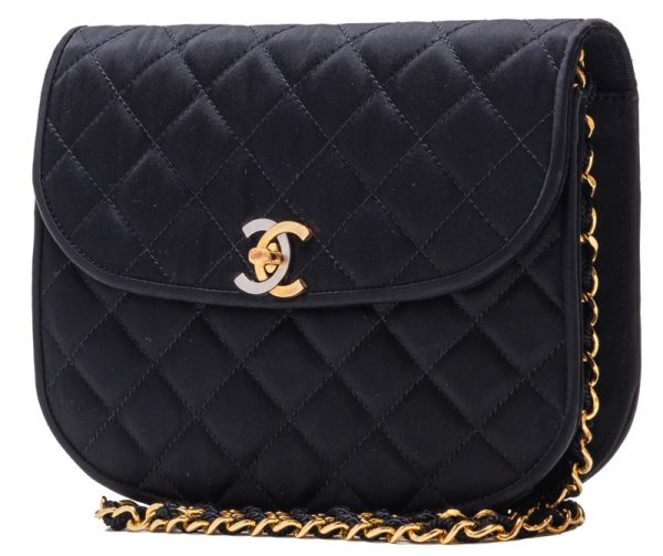 2 Chanel Matelasse Turnlock Chain Shoulder Bag Satin Black Mini