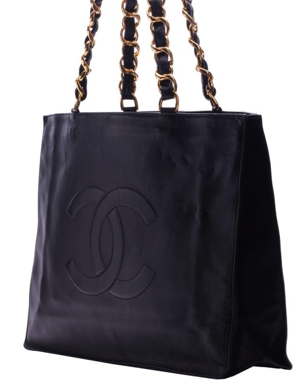 2 Chanel Deca Coco Square Giant Chain Shoulder Tote Bag Lambskin Black