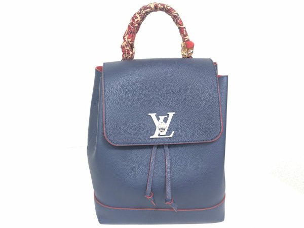 2 Louis Vuitton Lock Me Backpack Rucksack Leather Navy Silver Metal BB Shoulder Bag