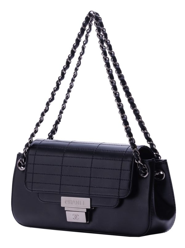 2 Chanel Silver Pushlock Chain Shoulder Calf Leather Black