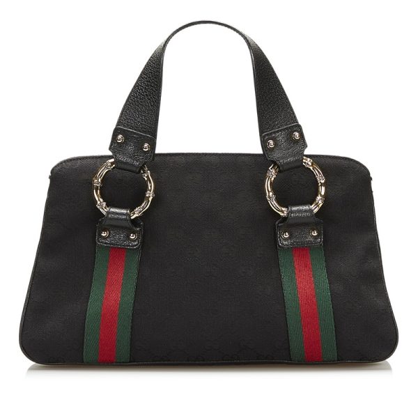 3 Gucci GG Canvas Sherry Line Metal Bamboo Handbag Black Canvas Leather