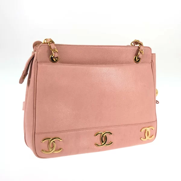 3 Chanel Triple Coco Mark Hardware Gold Chain Caviar Skin Pink Crossbody Bag