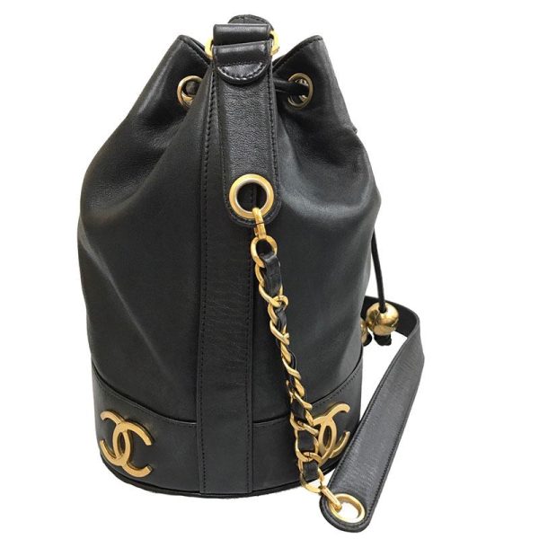 3 Chanel Metal Fittings Drawstring Leather Black Shoulder Bag