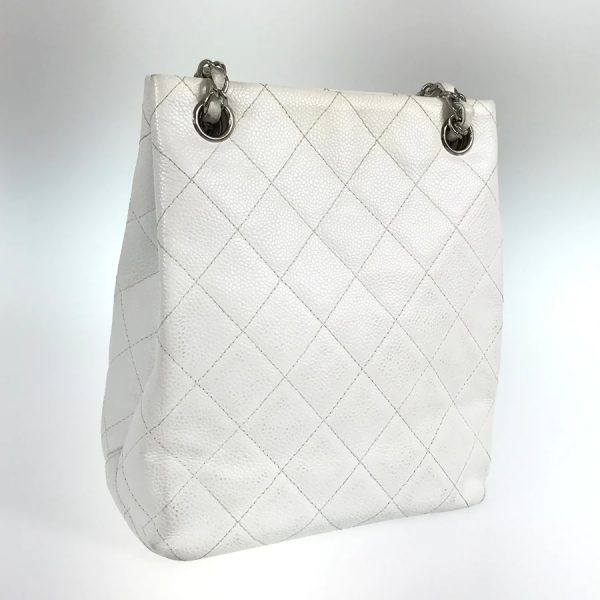 3 Chanel Hardware Silver Matelasse Chain Tote Caviar Skin White