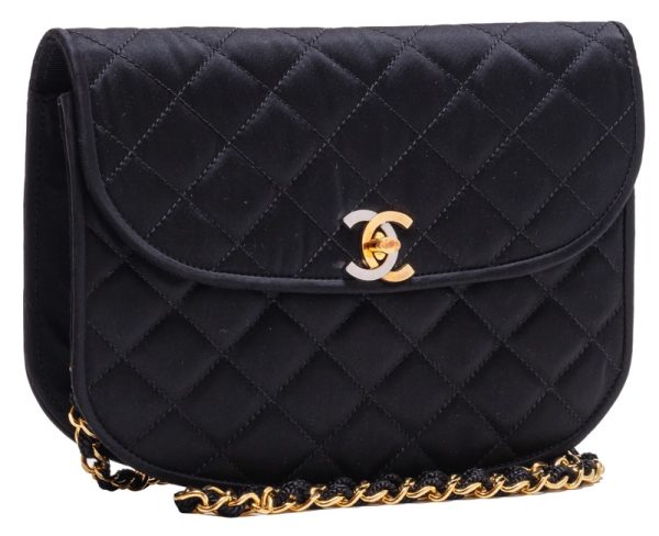 3 Chanel Matelasse Turnlock Chain Shoulder Bag Satin Black Mini