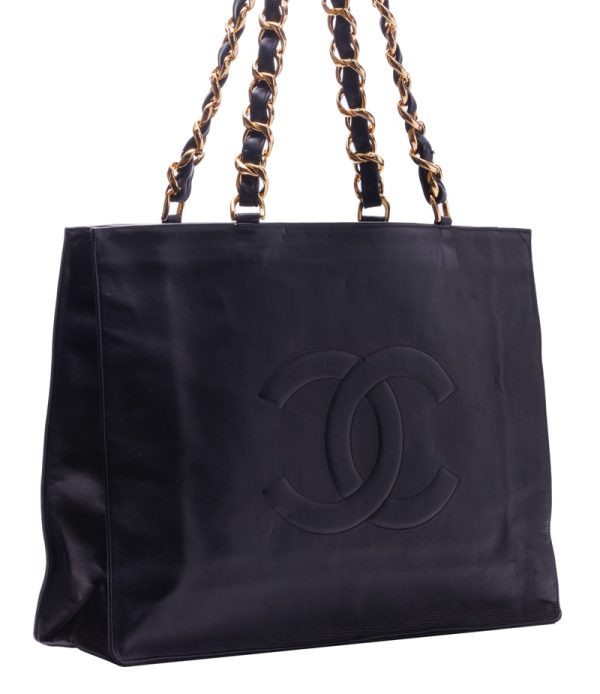 3 Chanel Deca Coco Square Giant Chain Shoulder Tote Bag Lambskin Black