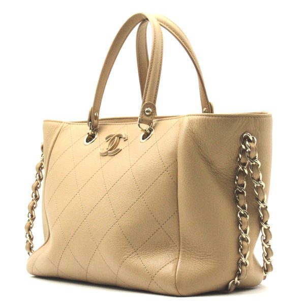 3 Chanel Gold Chain Shoulder Calf Leather Beige