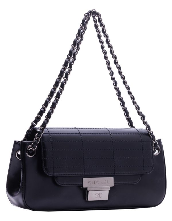 3 Chanel Silver Pushlock Chain Shoulder Calf Leather Black