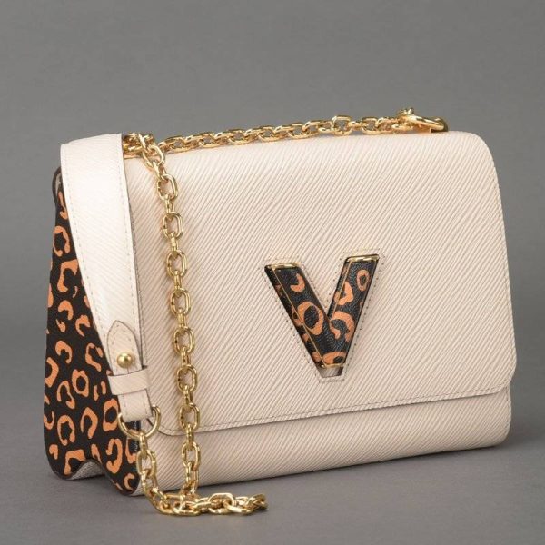 3 Louis Vuitton Twist MM Chain Shoulder Leopard Epi Leather White Shoulder Bag