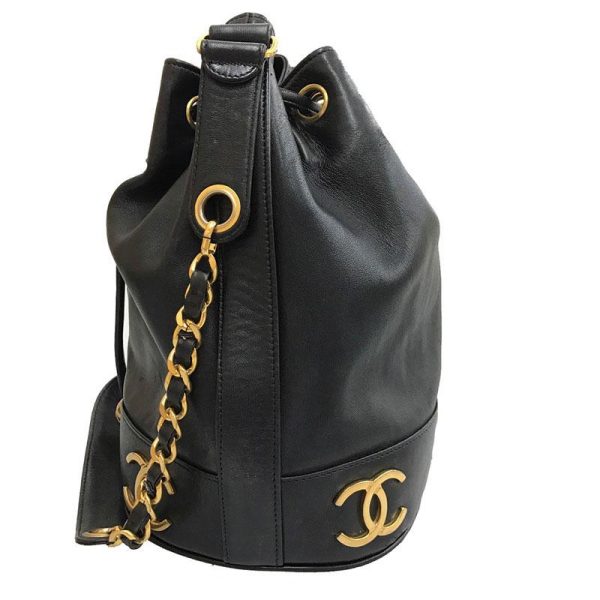 4 Chanel Metal Fittings Drawstring Leather Black Shoulder Bag