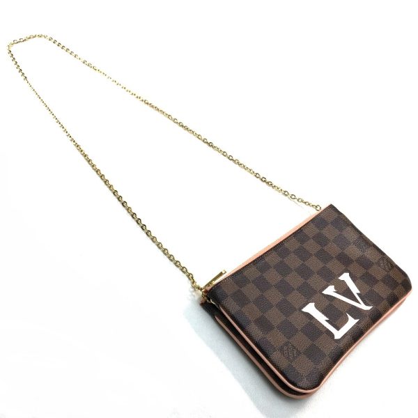 4 Louis Vuitton Pochette Double Zip Chain shoulder Damier Ebene Brown Pink Clutch Bag